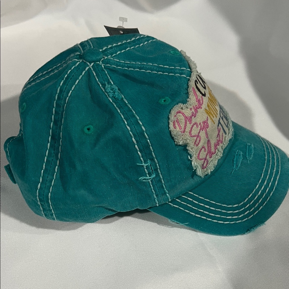 Teal Distressed Cap with Fun Embroidery - Picture 2 of 6